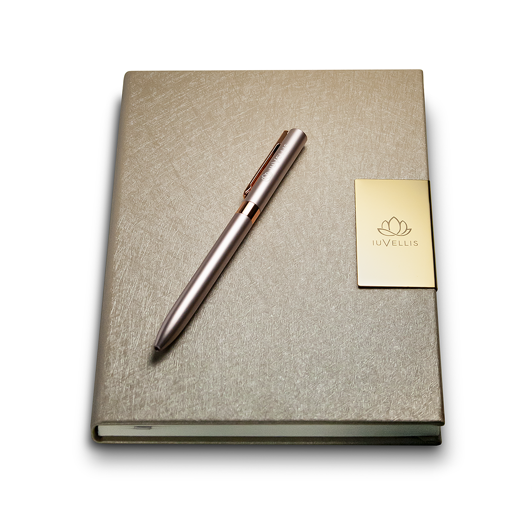 Iuvell laser engraved notebook and ballpoint pen.