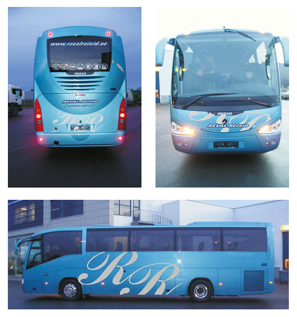 Sticker advertising on Reval Travel bus.
