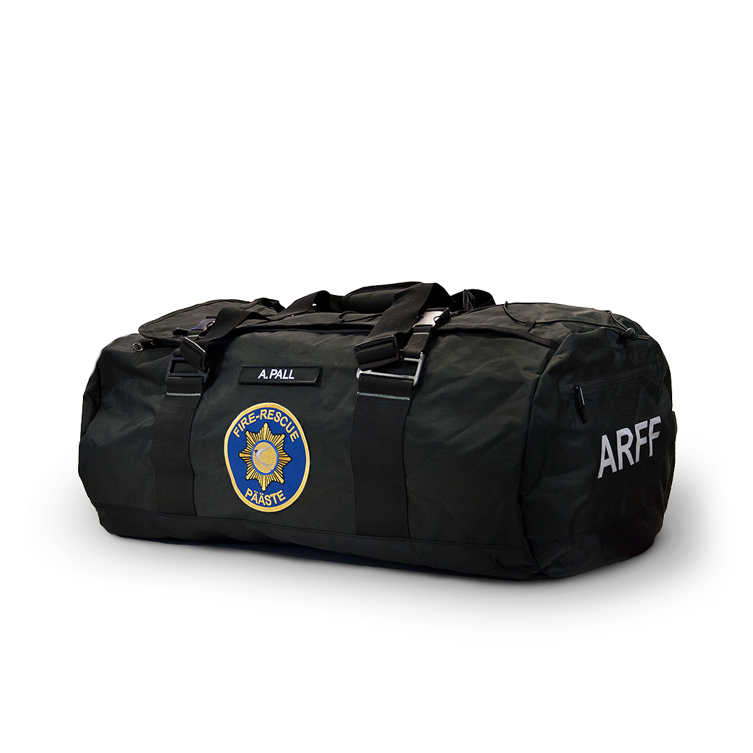 Embroidered emblems and reflective print on a sports bag.